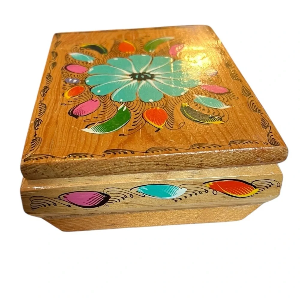 Vintage Wooden Jewelry Trinket Box Hand-painted Mexico Boho